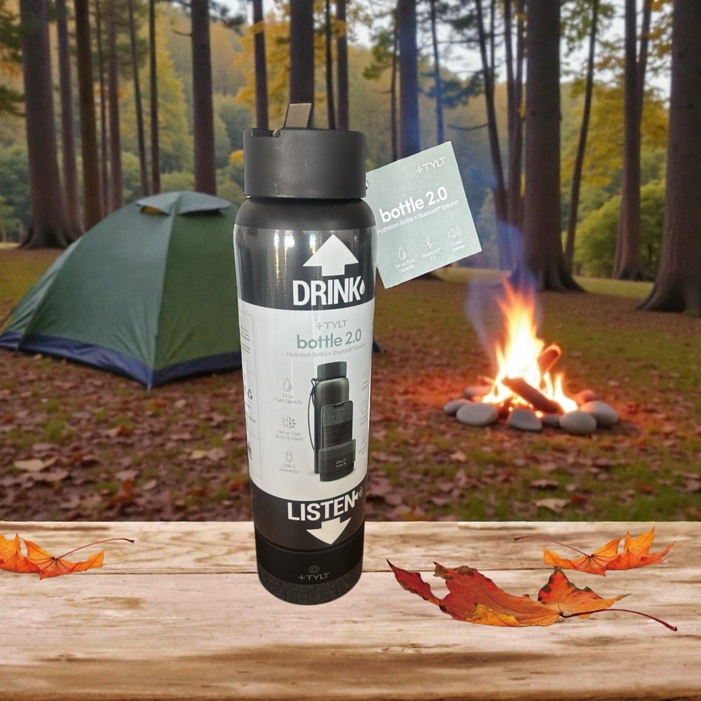 TYR Bottle 2.0 in Black and Gray. Bluetooth water bottle.
